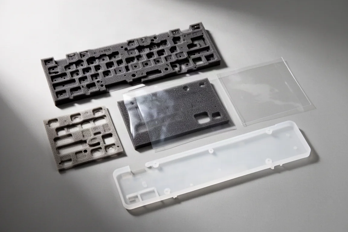 Strato di schiuma e imbottitura in silicone all'interno di un case di tastiera smontato