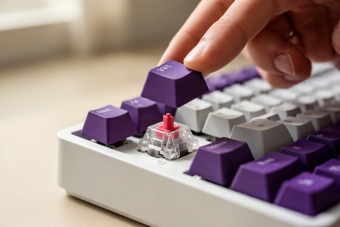 Mano che rimuove un keycap da uno switch meccanico hot-swappable