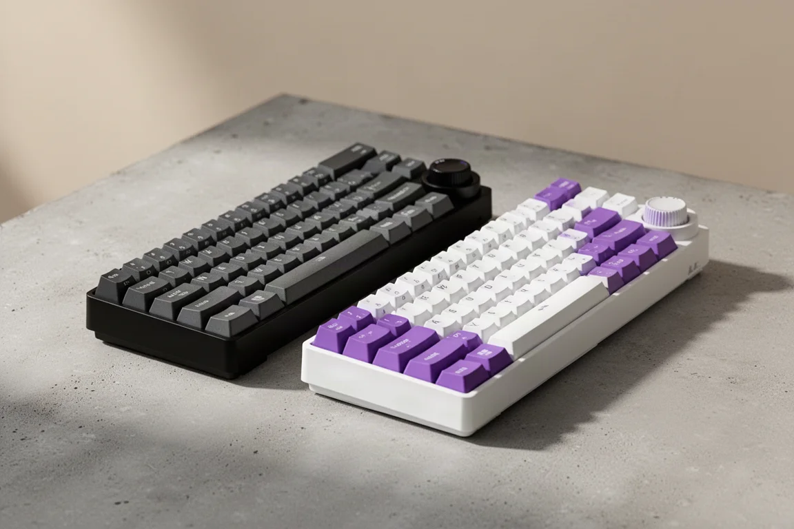 Tastiere Ajazz AK820 e AK820 Pro affiancate su una superficie di cemento