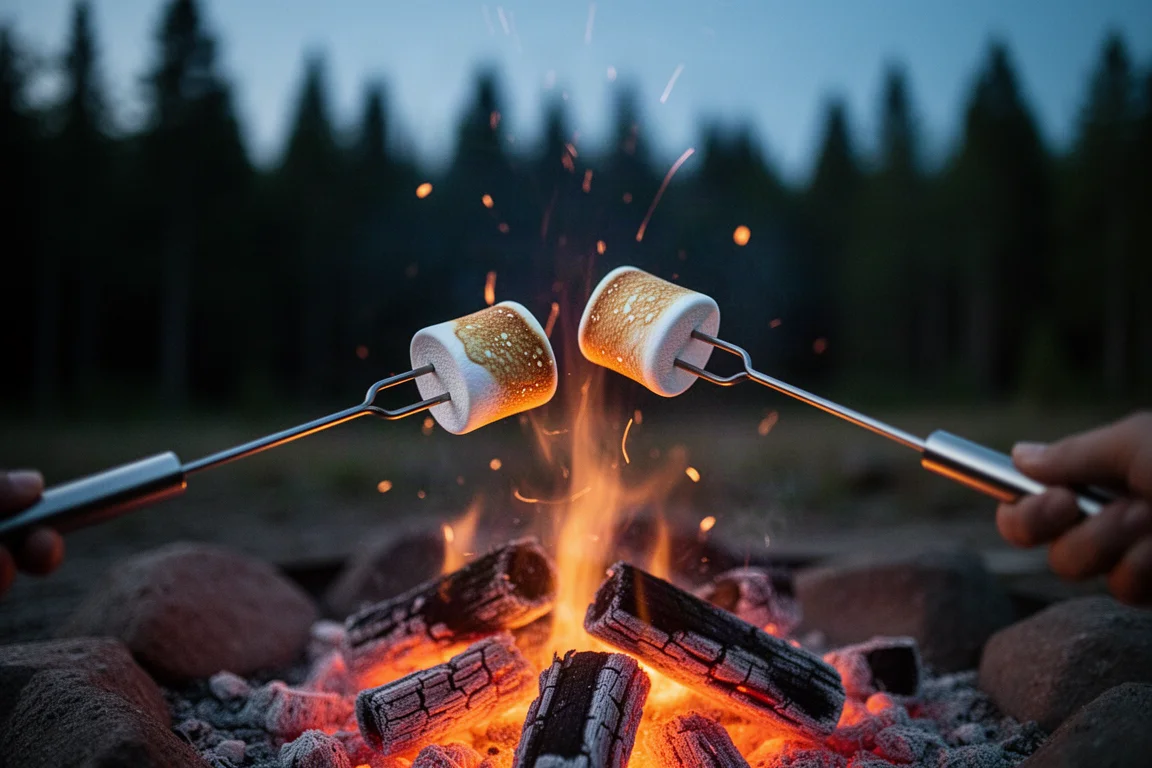 Marshmallow che arrostiscono su lunghi bastoncini a doppio rebbio sopra le braci ardenti di un falò al crepuscolo