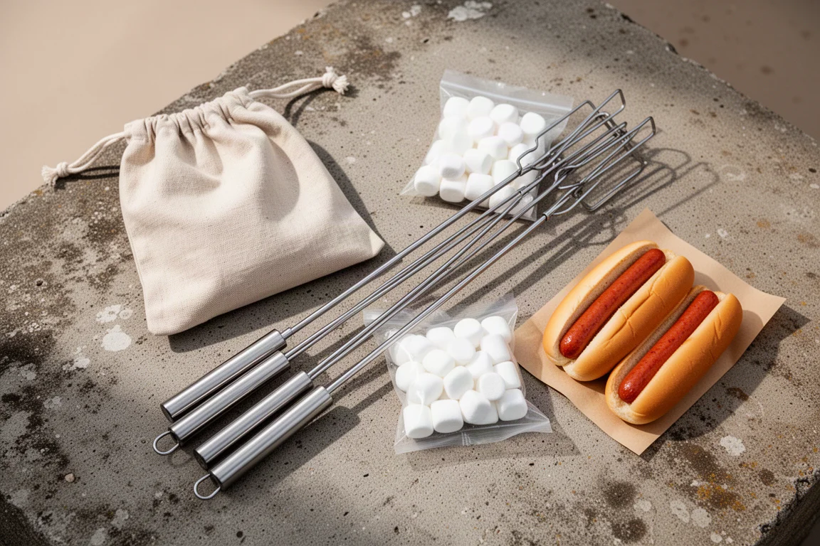Attrezzatura per arrostire al falò disposta in piano con marshmallow, panini per hot dog e custodia in tela