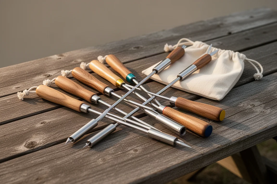 Telescoping roasting sticks with wooden handles and canvas pouch on a picnic table
