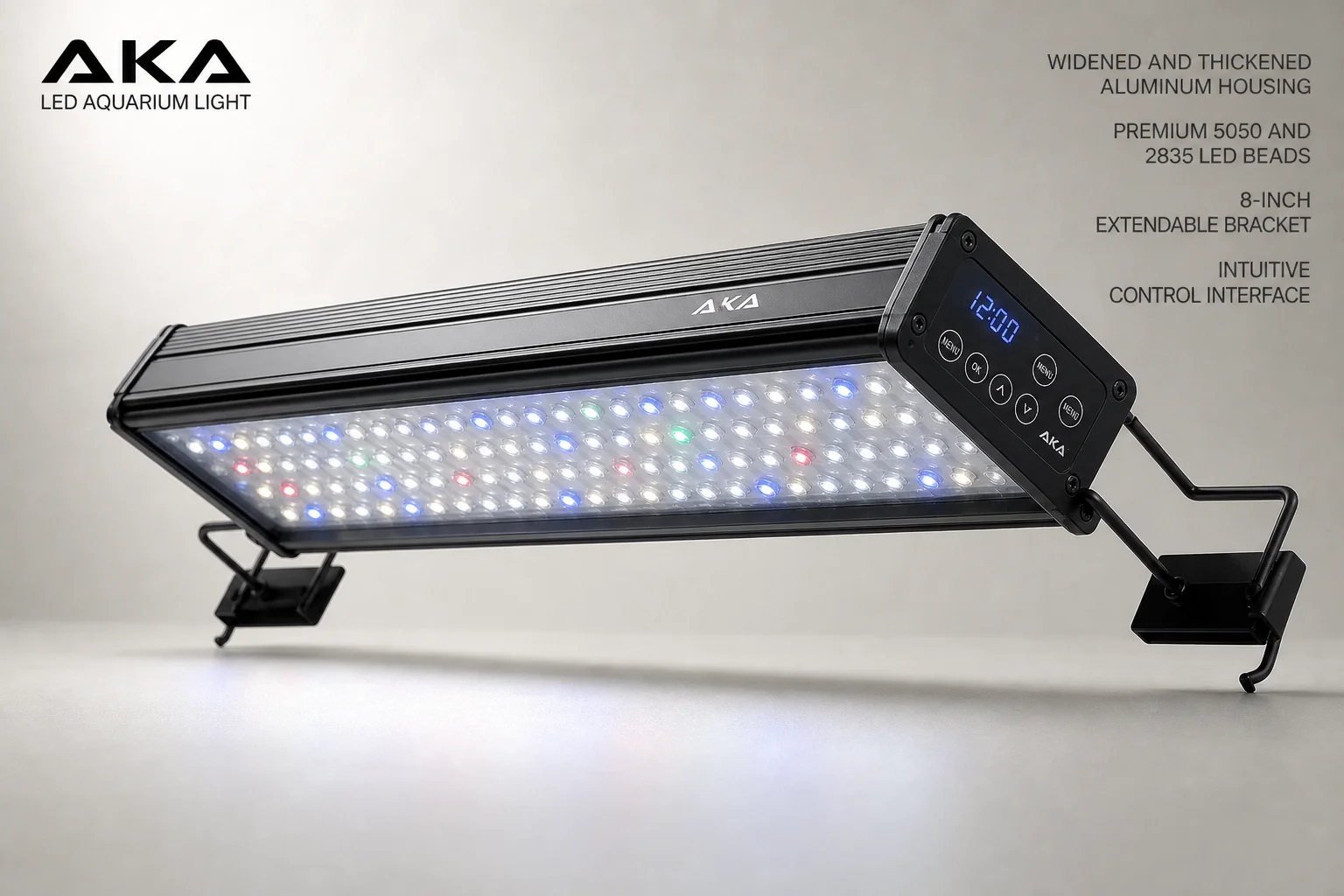 Five aquarium LED light fixtures displayed on concrete surface showing various designs and finishes