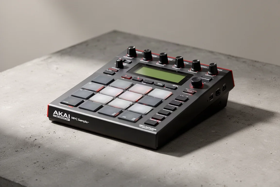 コンクリート表面に置かれた、パッドグリッドとスクリーンを備えたAkai MPC Sampleスタンドアロンサンプラーデバイス