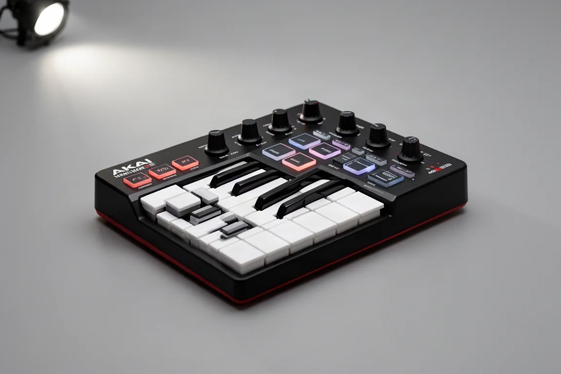 スタジオデスクに並べられた4台のコンパクトなMIDIキーボードコントローラー