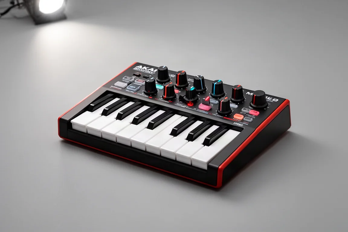 スタジオデスクに並べられた4台のコンパクトなMIDIキーボードコントローラー