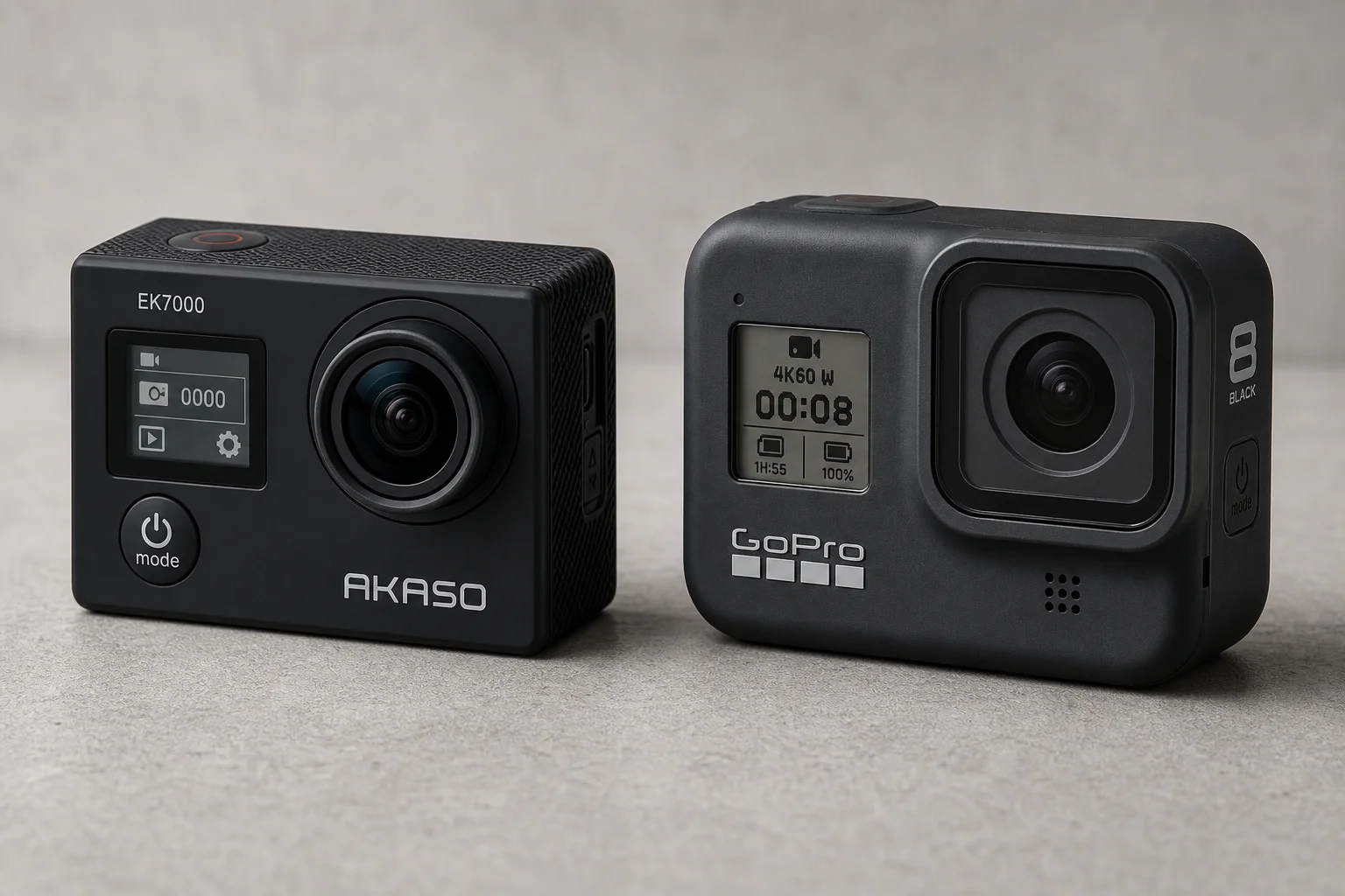 Les caméras d'action Akaso EK7000 et GoPro Hero 8 Black sur une surface en béton