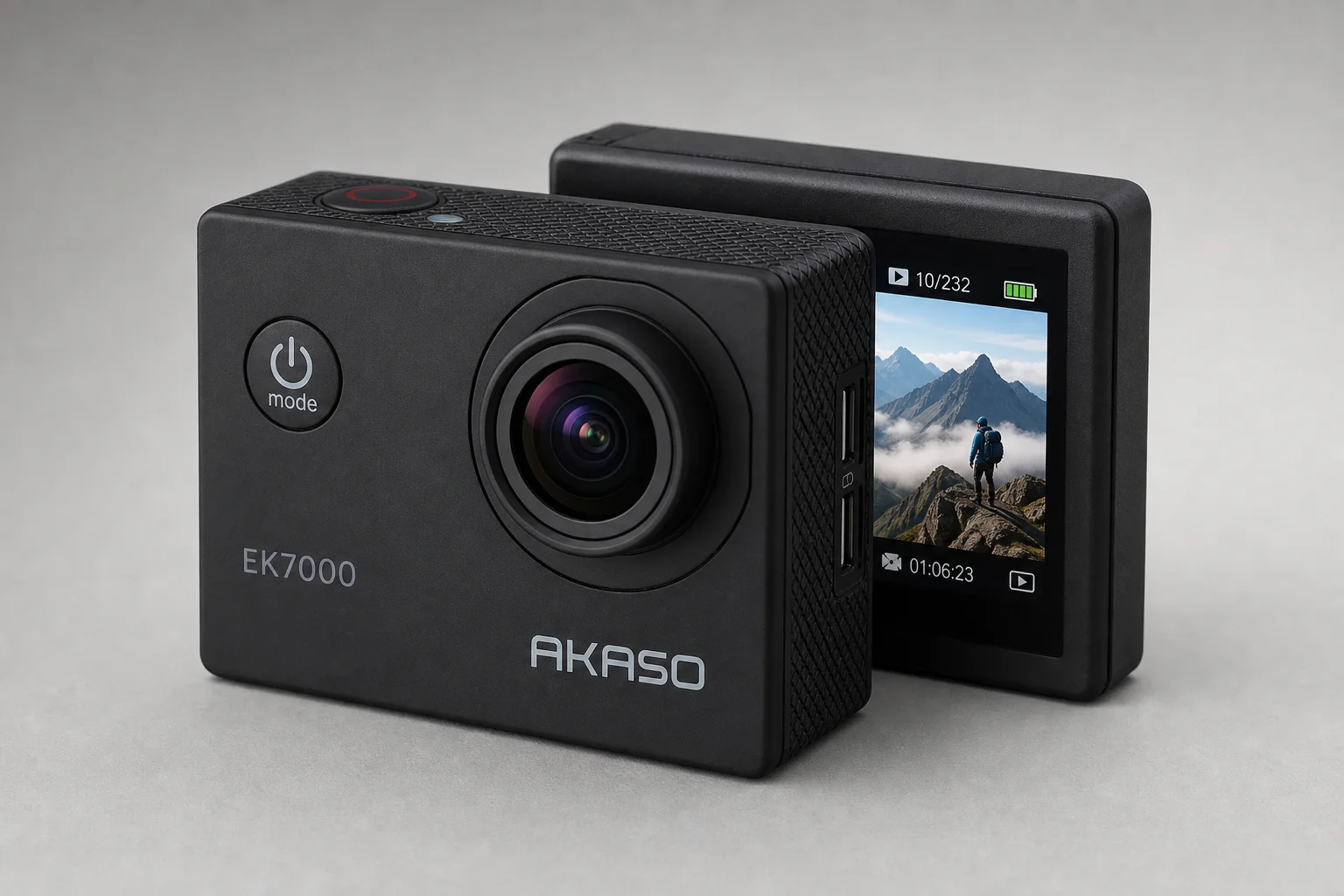 Caméras d'action Akaso EK7000 et GoPro Hero 8 Black posées sur une surface en béton