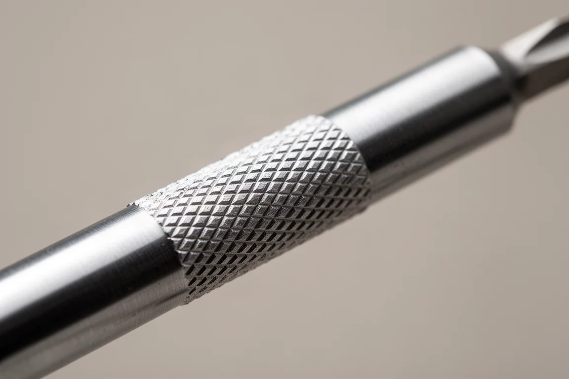 Slanke aluminium handgreep van een mini-schroevendraaier met zichtbaar slijpsel