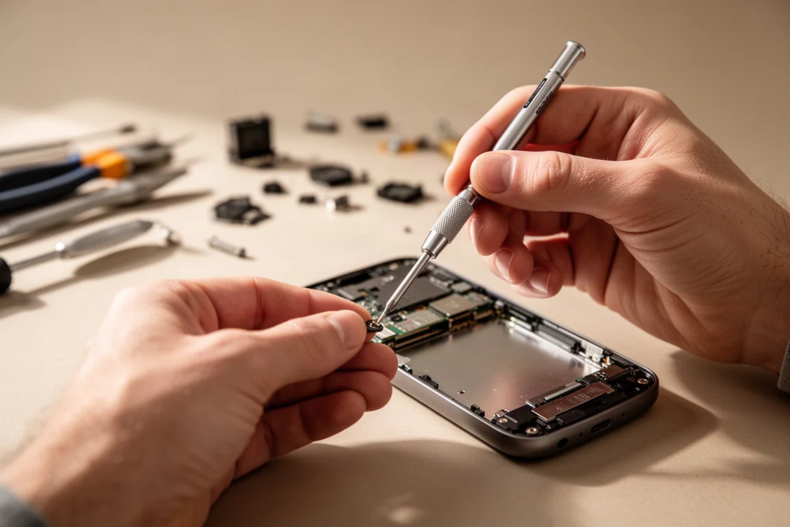 Persoon die een mini-schroevendraaier gebruikt op een klein elektronisch apparaat