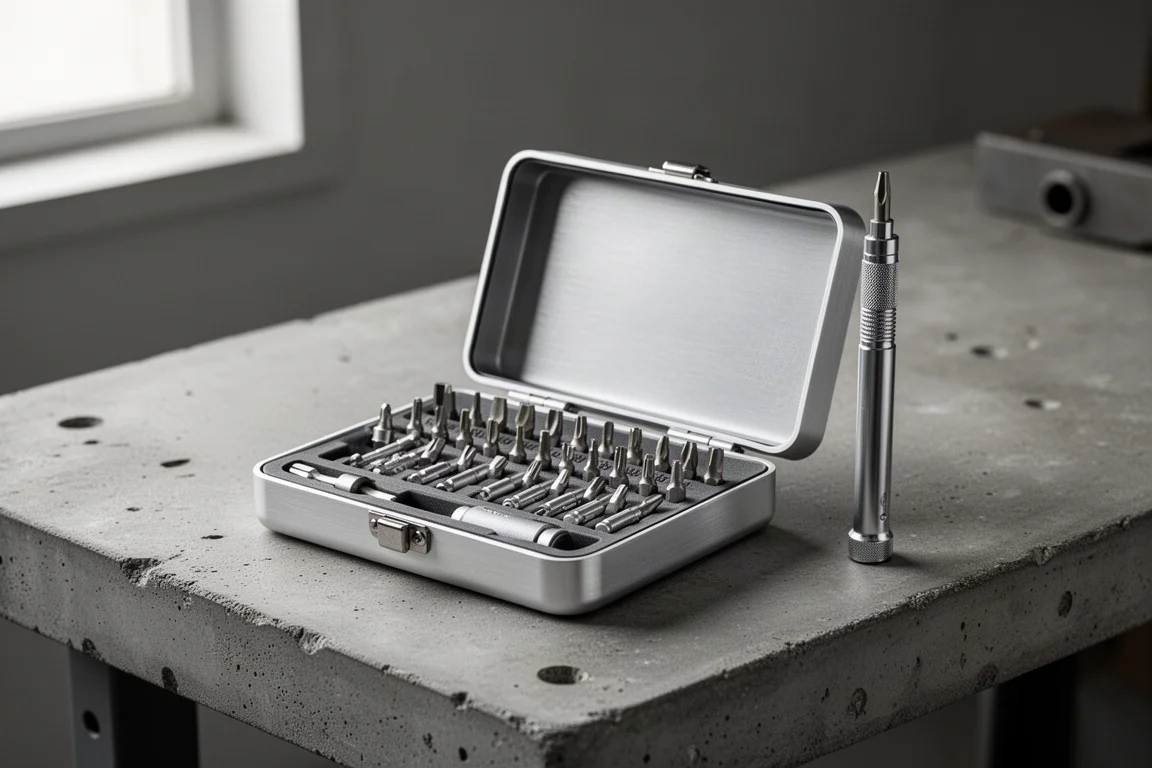 Geopende aluminium koffer van een mini-schroevendraaierset met bits en handgreep op een werkbank