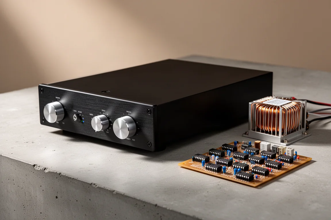 Slim black preamplifier with silver knobs beside a toroidal transformer and circuit board