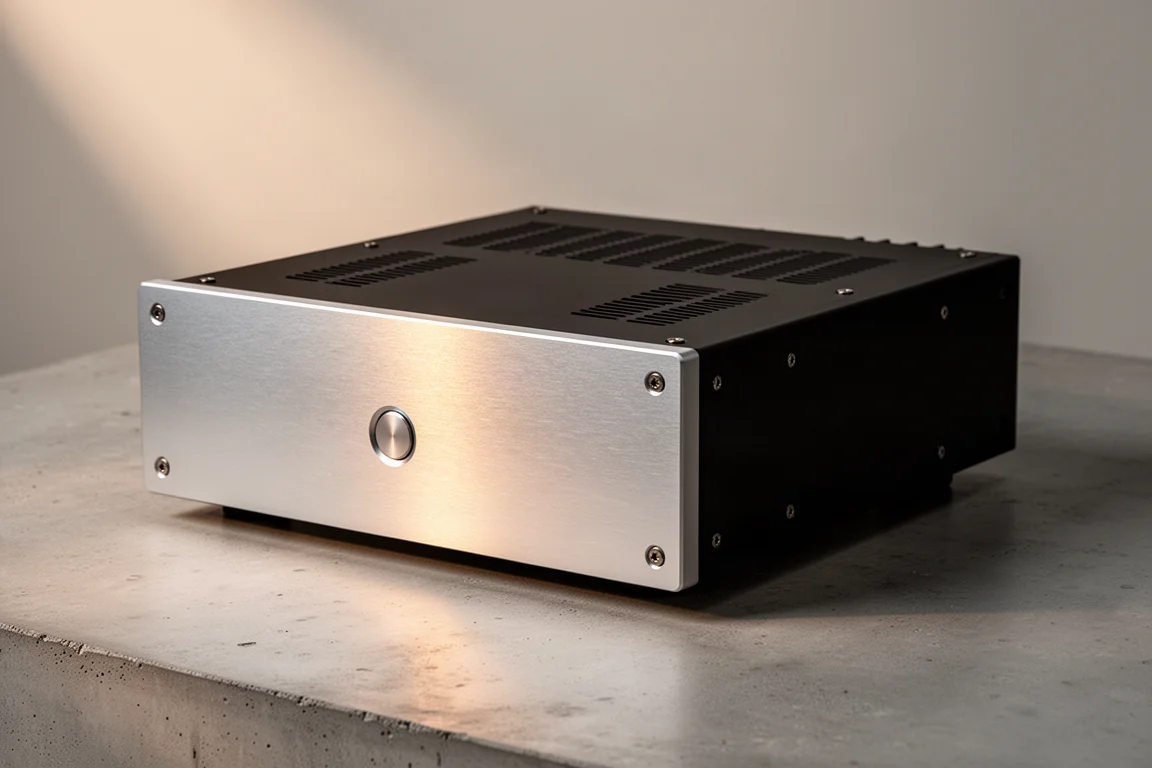 Silver and black stereo power amplifier on a concrete surface in soft studio light