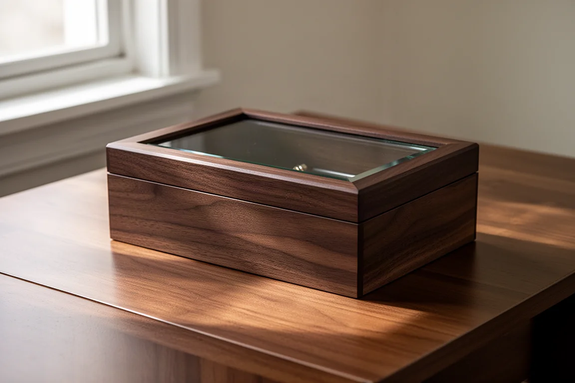 Walnut pen box with glass lid closed on a desk, soft light reflecting off the surface