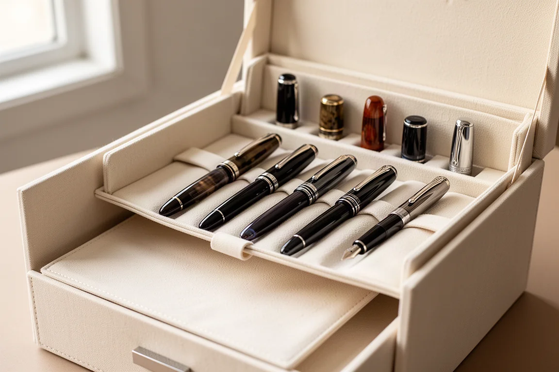 Open pen box showing soft interior lining with pens seated deep in their slots