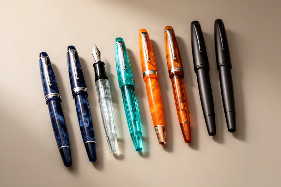 Assortment of large fountain pens laid out on a neutral desk surface