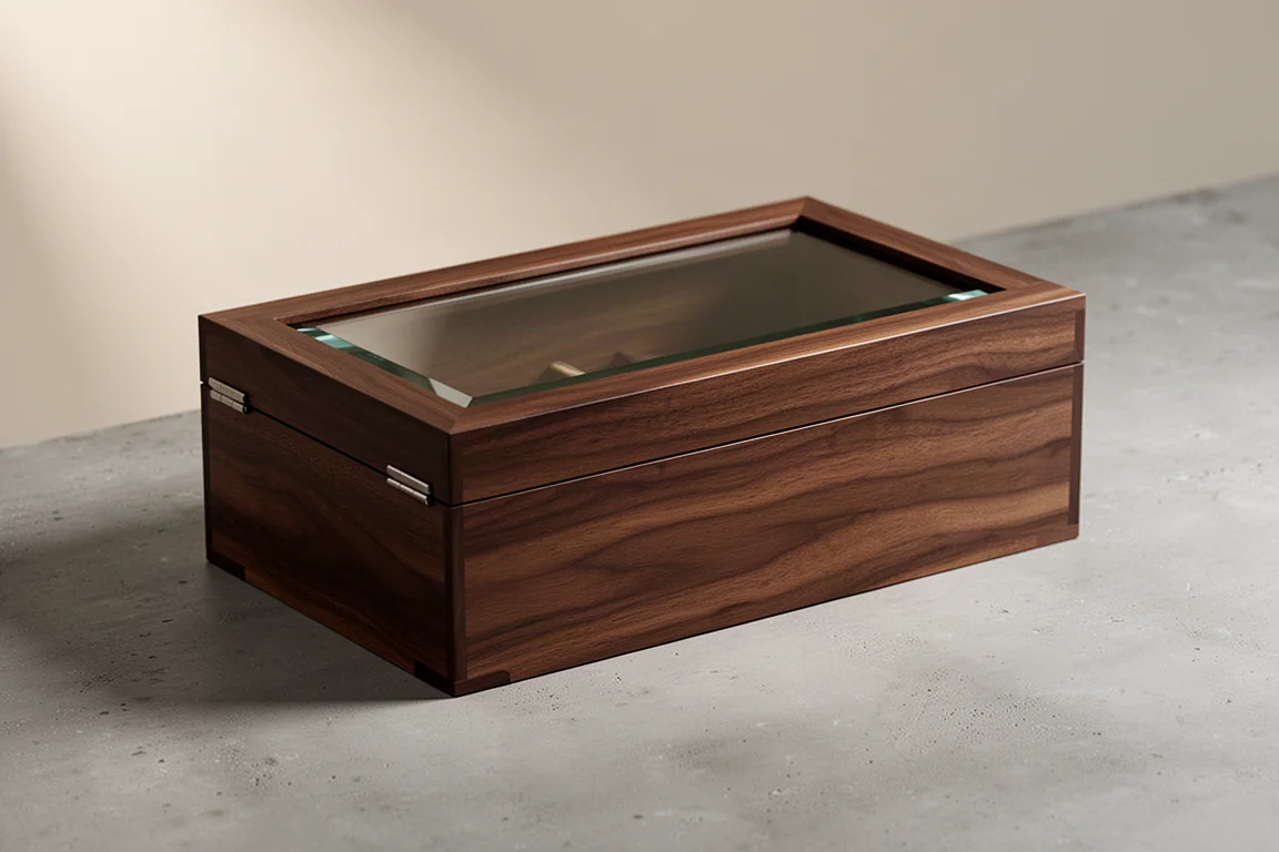 Walnut pen storage box with glass lid on a matte concrete surface