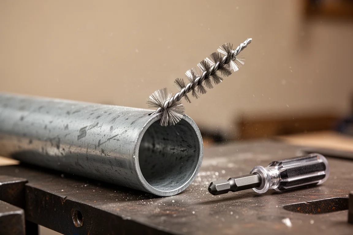 Een boringenborstel draait in een stuk metalen buis tijdens een test op verlies van borstelharen