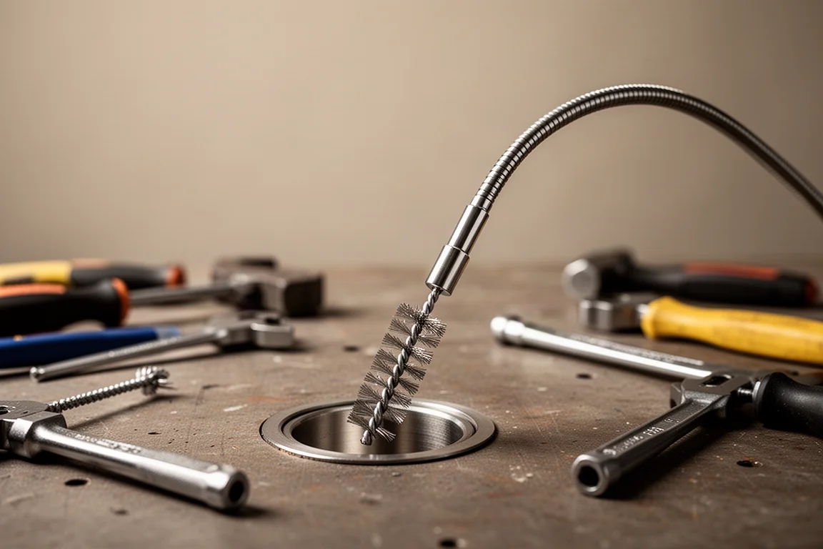 Boringenborstel gemonteerd op een flexibele asverlenging die een verdiepte metalen fitting reinigt
