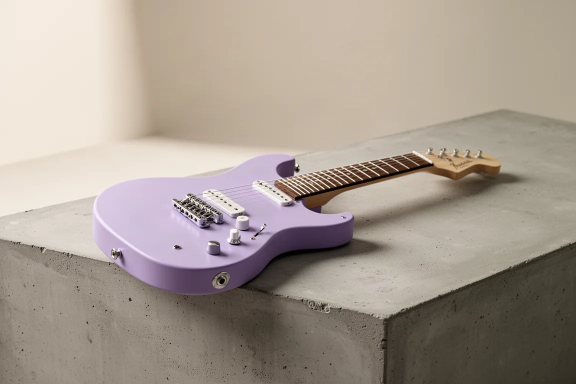 Kompakte lavendelfarbene E-Gitarre mit kleinem Offset-Korpus auf einer Betonoberfläche