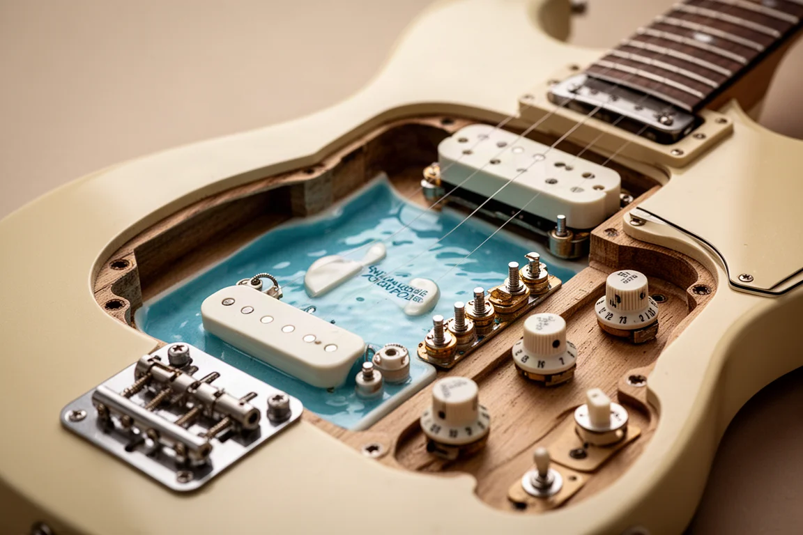 Geöffneter Steuerhohlraum der Gitarre mit Swimmingpool-Fräsung und Keramik-Tonabnehmern