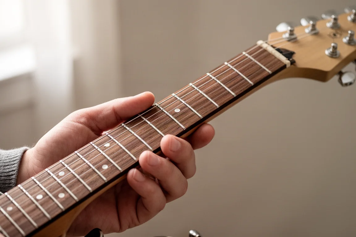 Hand, die einen Gitarrenhals mit dünnem Satin-Finish hält