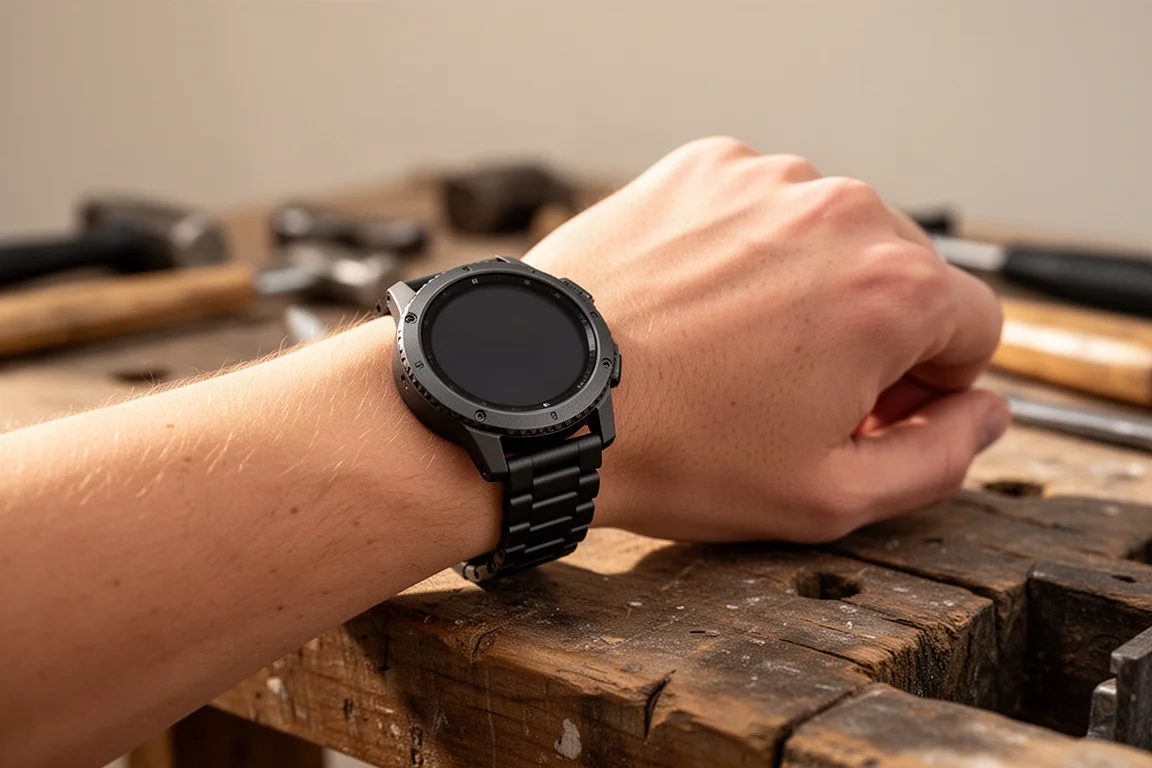 Robuuste zwarte smartwatch gedragen aan een pols op een buitenwerkplek