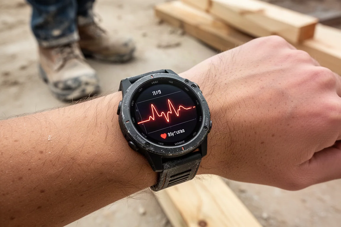 Smartwatch-scherm met hartslagmeting tijdens werk in de buitenlucht