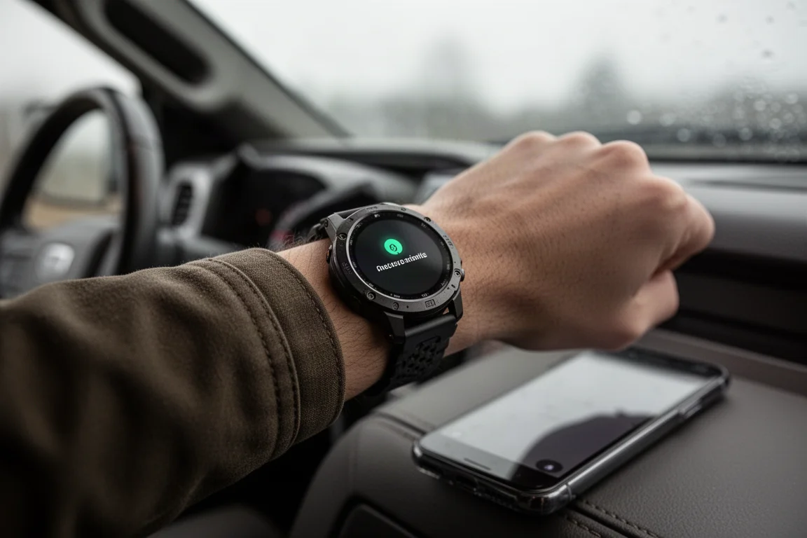 Smartwatch ontvangt een berichtmelding terwijl de telefoon in de vrachtwagen blijft