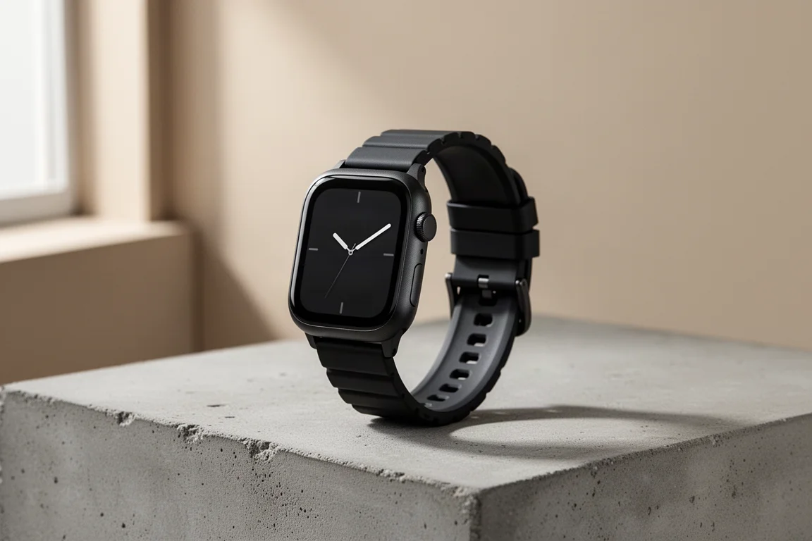 Akuma 2023 robuuste zwarte smartwatch met magnetische band op een betonnen ondergrond