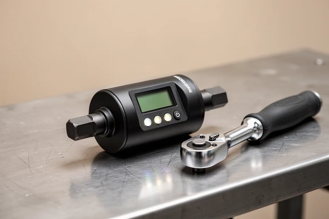 ALAIAL digitaler Drehmoment-Adapter mit LCD-Display und LED-Leuchten auf einer Werkbank