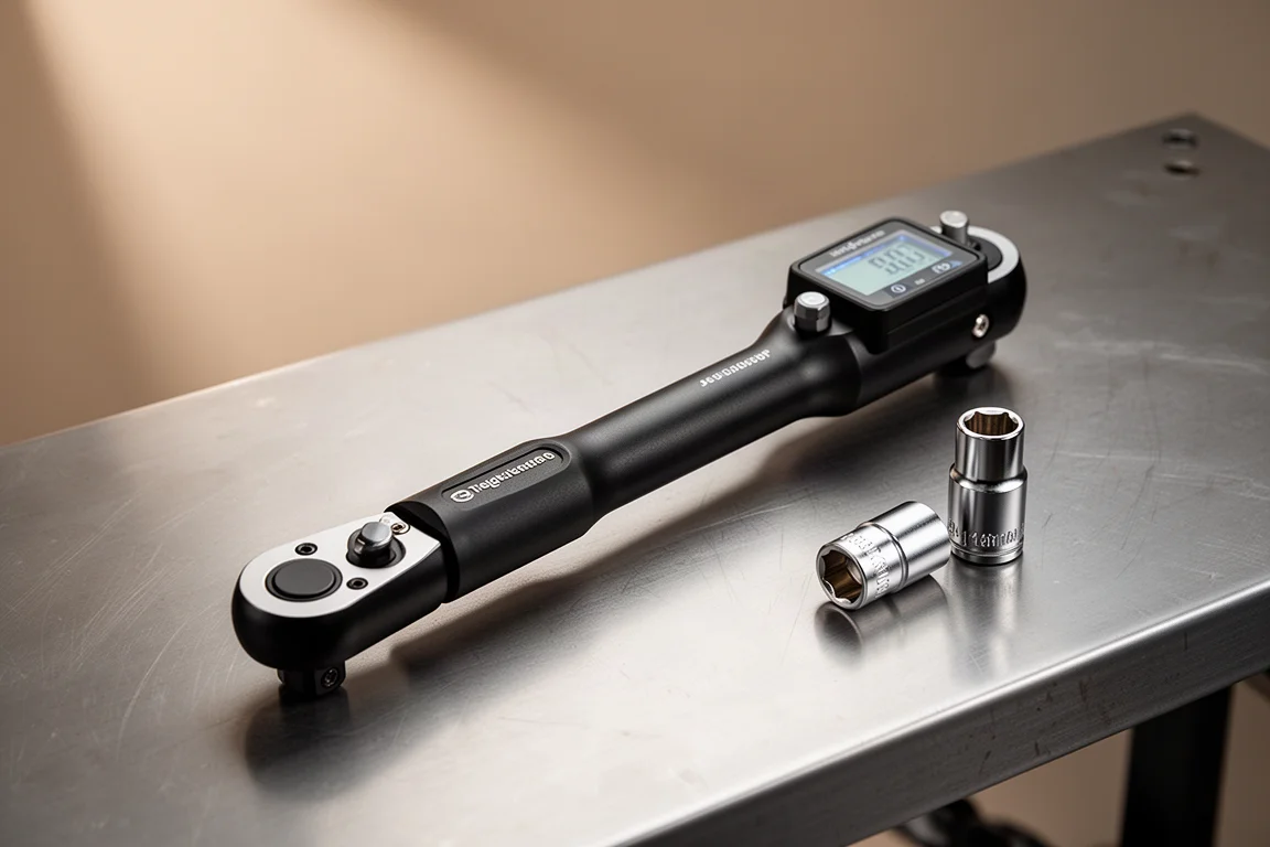 작업대 위에 14mm 소켓과 함께 놓인 ALAIAL 3/8인치 디지털 토크 렌치