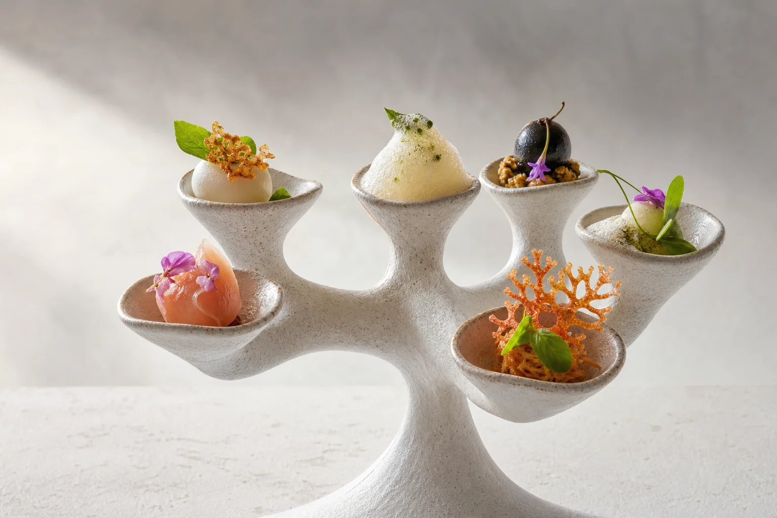 Table de haute gastronomie avec plusieurs plats servis et un verre de vin