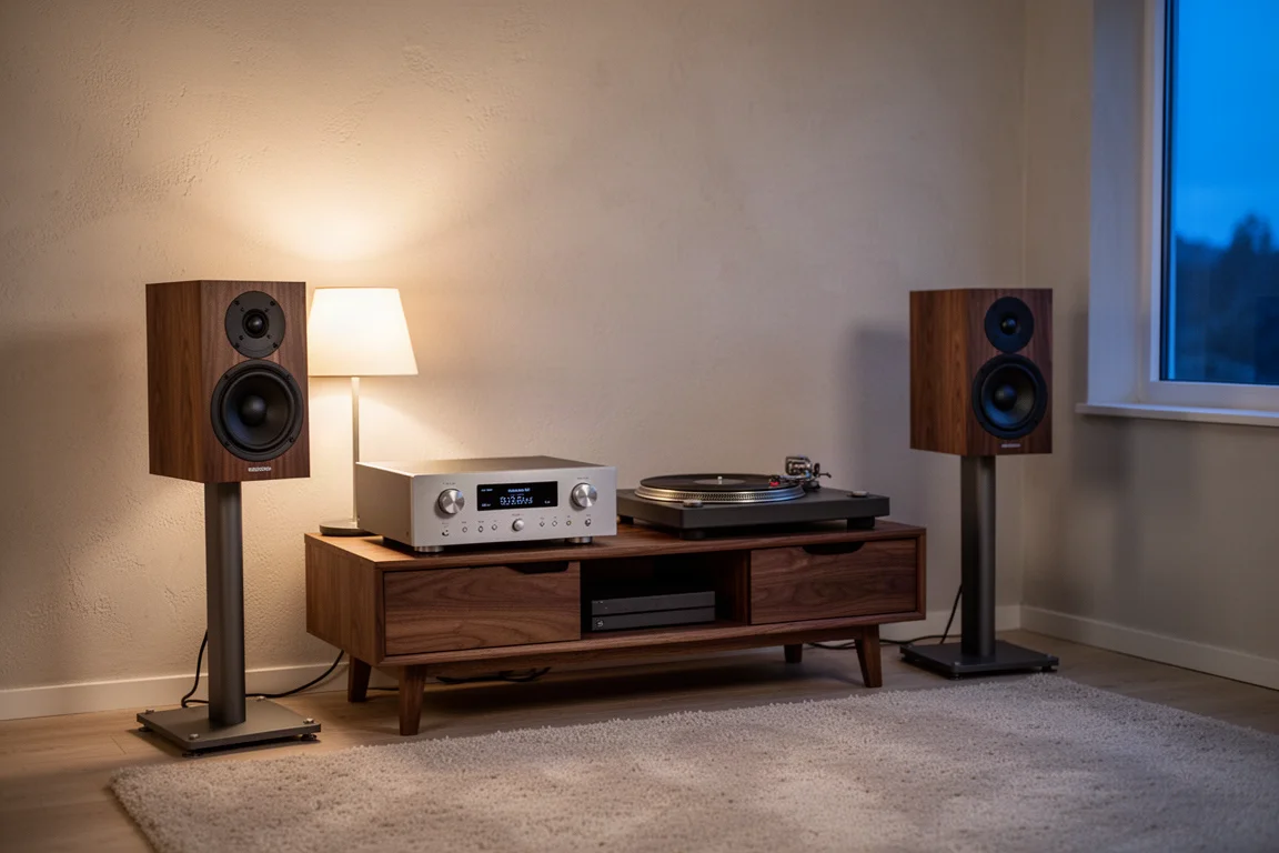 Kleine Hi-Fi-Anlage mit Regallautsprechern, Verstärker und Plattenspieler in einem kompakten Raum