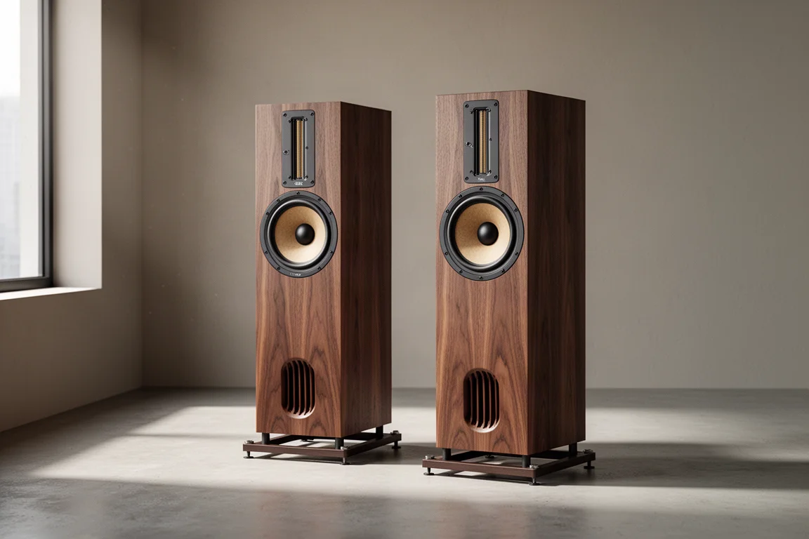 Pair of walnut stand-mount hi-fi speakers with ribbon tweeters on stands in a minimal room