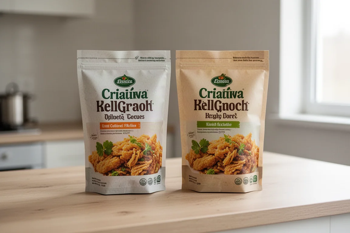 Two side-by-side grocery product packages with nearly identical design language on a counter