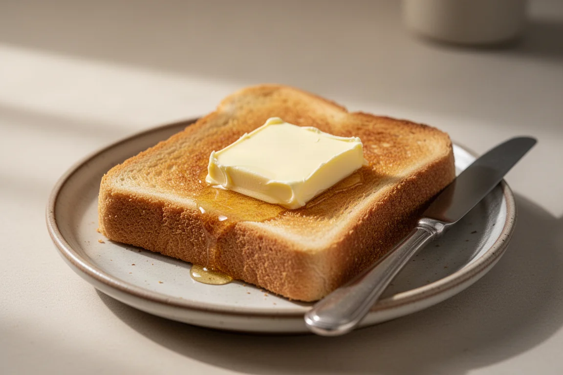 Butter spread melting on a slice of toast on a rustic plate