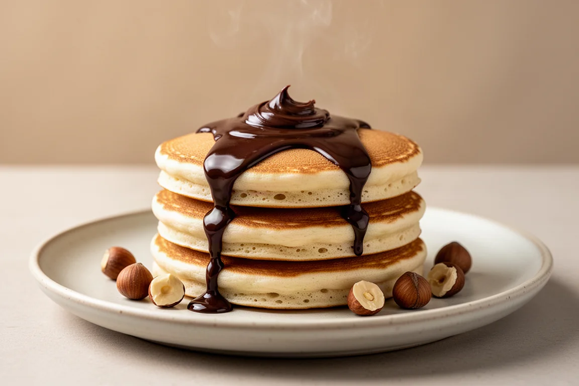 Chocolate hazelnut spread drizzled onto a stack of fluffy pancakes