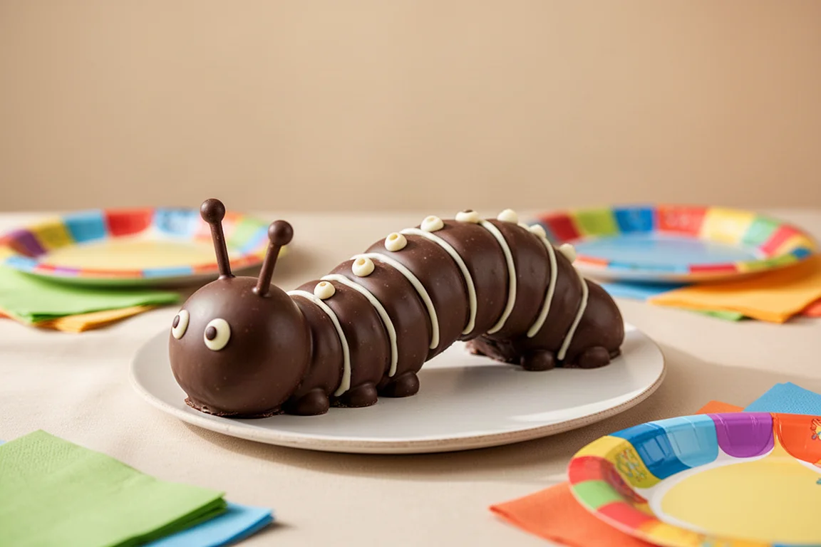 Chocolate caterpillar celebration cake on a table ready for a birthday party