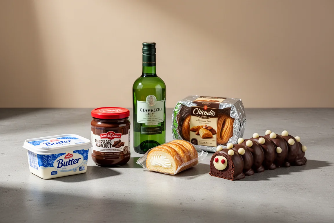 A lineup of six grocery products including butter, chocolate spread, gin, snack pastries, snack cakes, and a caterpillar cake