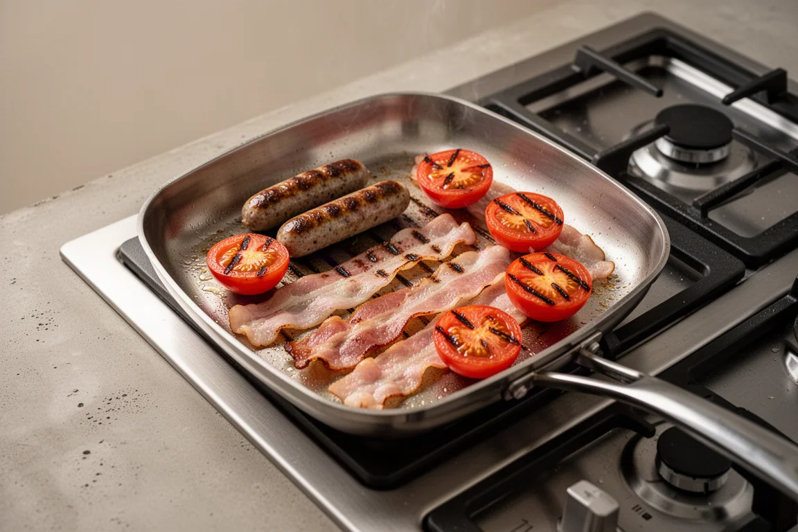 Full English Breakfast auf einer Grillpfanne mit Würstchen und Bacon