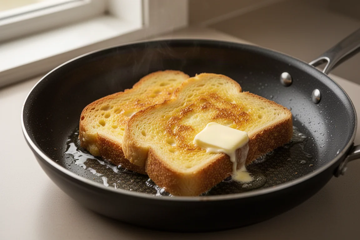 Goldbrauner French Toast in einer schwarzen Antihaftpfanne gebraten
