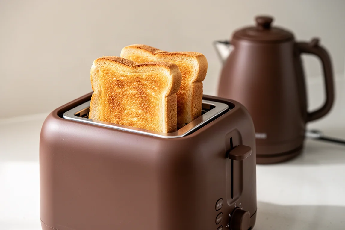 Zwei Toastscheiben springen aus einem kompakten mochafarbenen Toaster