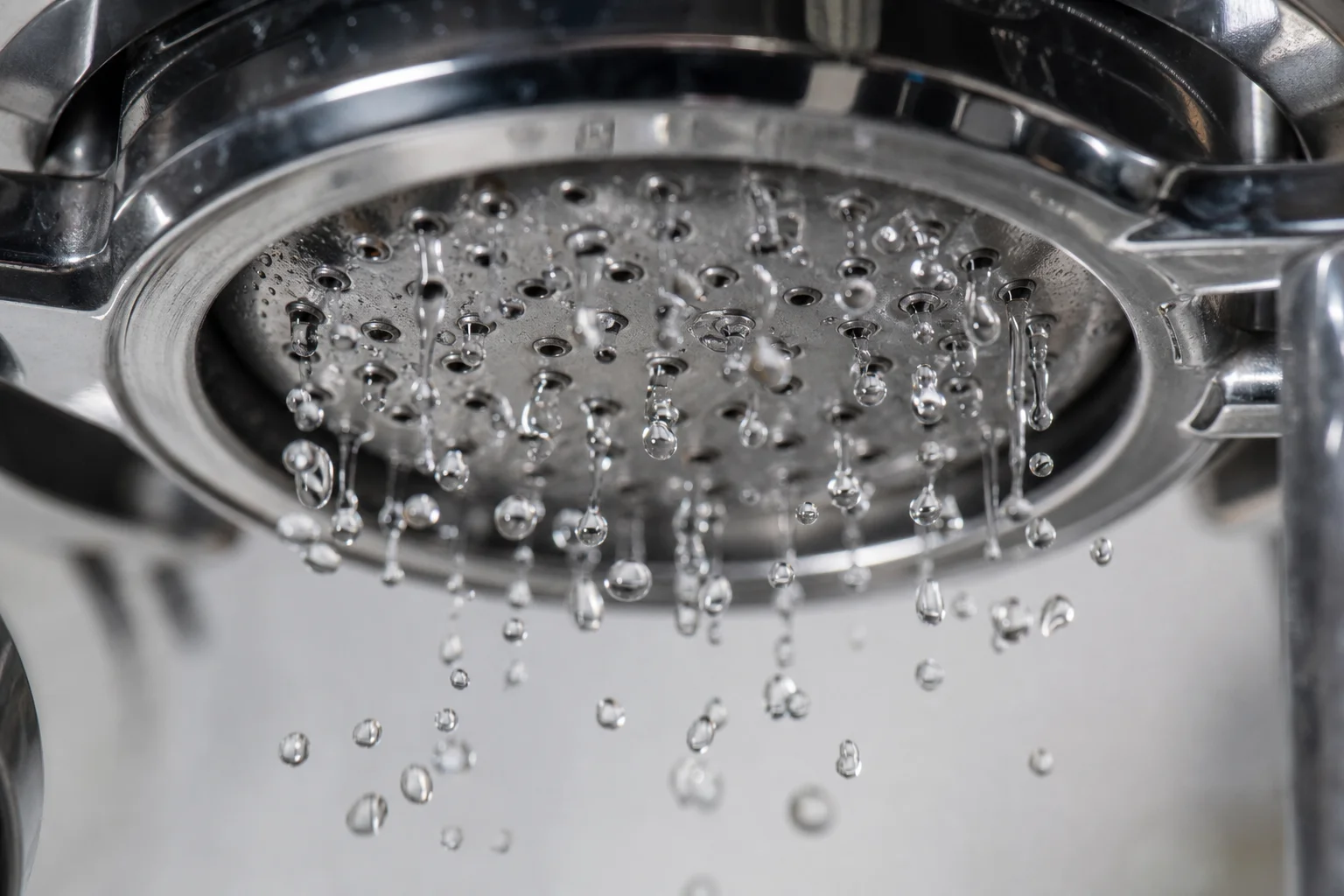 Close-up of espresso machine shower head with water distribution during purge