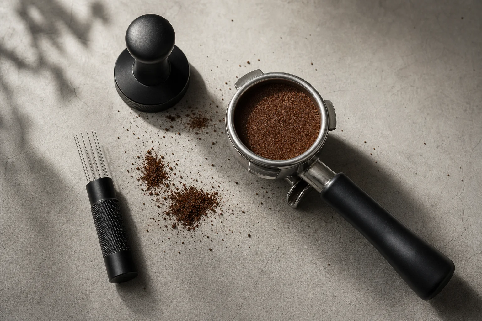 Espresso machine portafilter with puck preparation tools and grounds