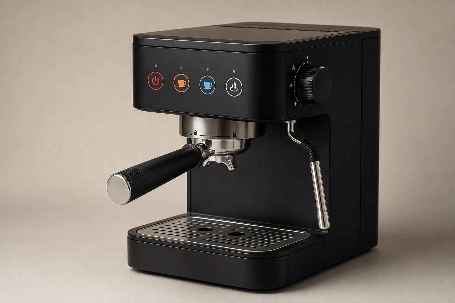 Aldi manual espresso machine with illuminated control buttons on neutral background