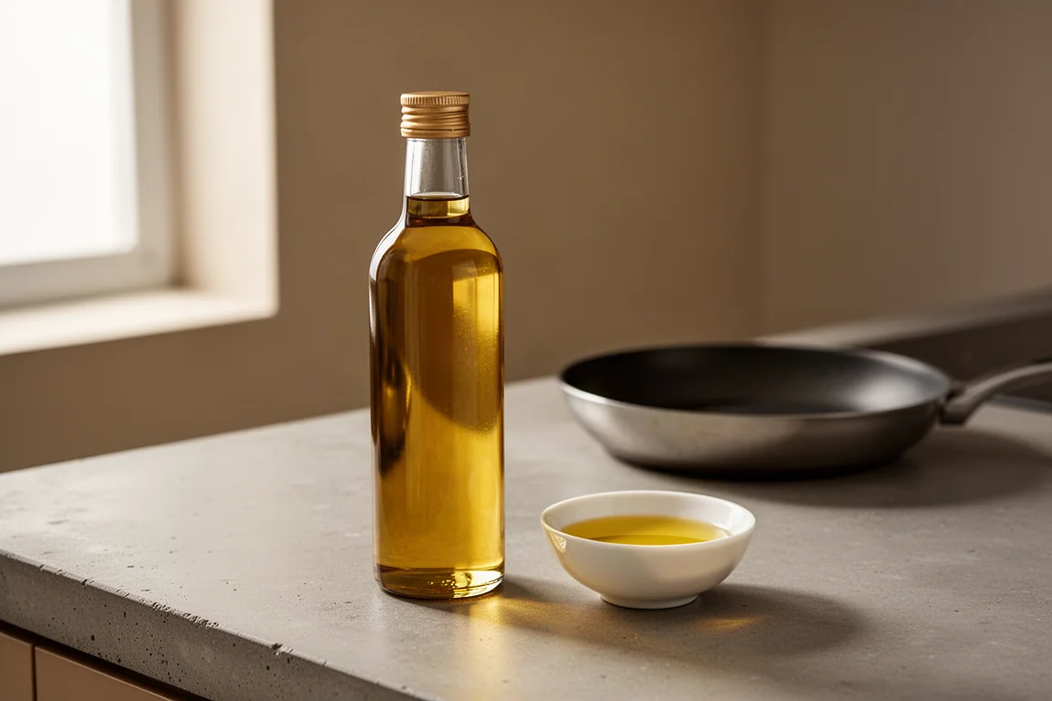 Bottle of golden cooking oil on a concrete kitchen counter with a small bowl of oil