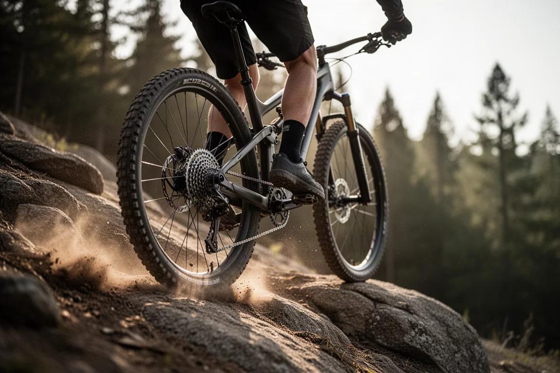 Mountainbiker, der einen steilen, felsigen Trail erklimmt, der Antrieb im Fokus