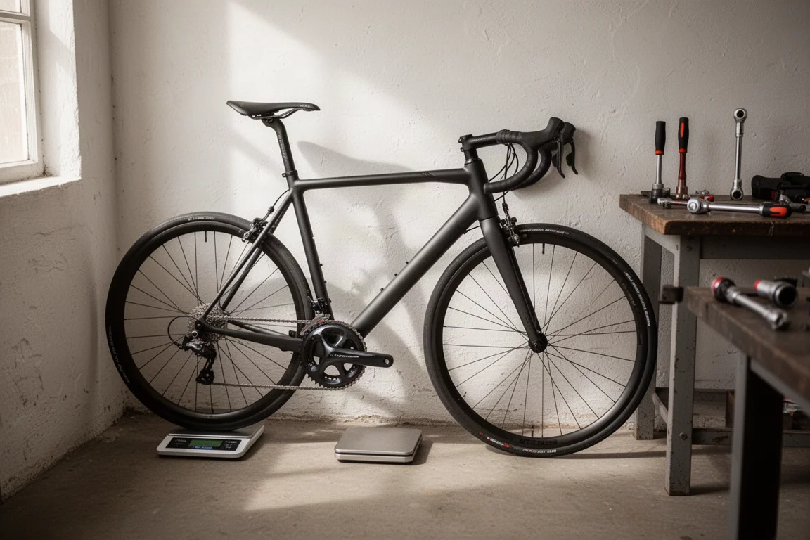 Reduziertes Rennrad in einer Werkstatt mit einer Waage unter dem Hinterrad