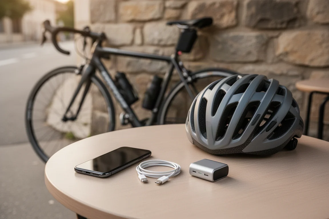 Cafétisch mit Smartphone, USB-C Kabel und Powerbank neben einem Fahrradhelm